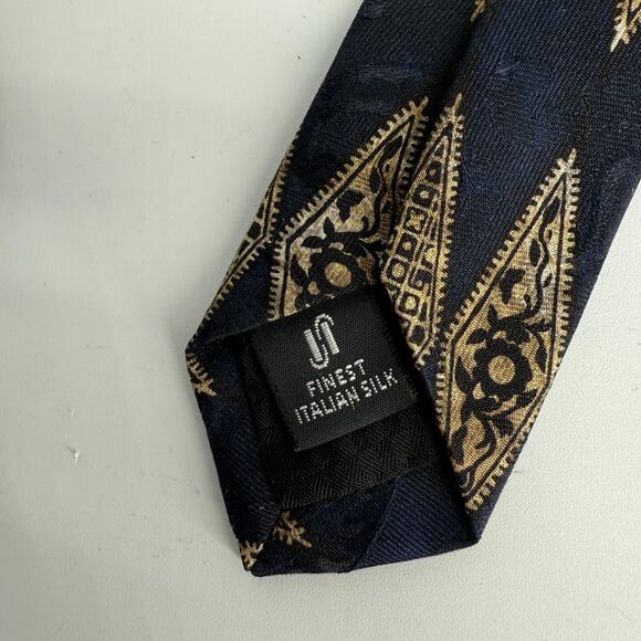 Vtg Hickey Freeman Silk Tie Paisley Baroque Italian Hand sewn Geometric 90s Gold - Picture 3 of 9